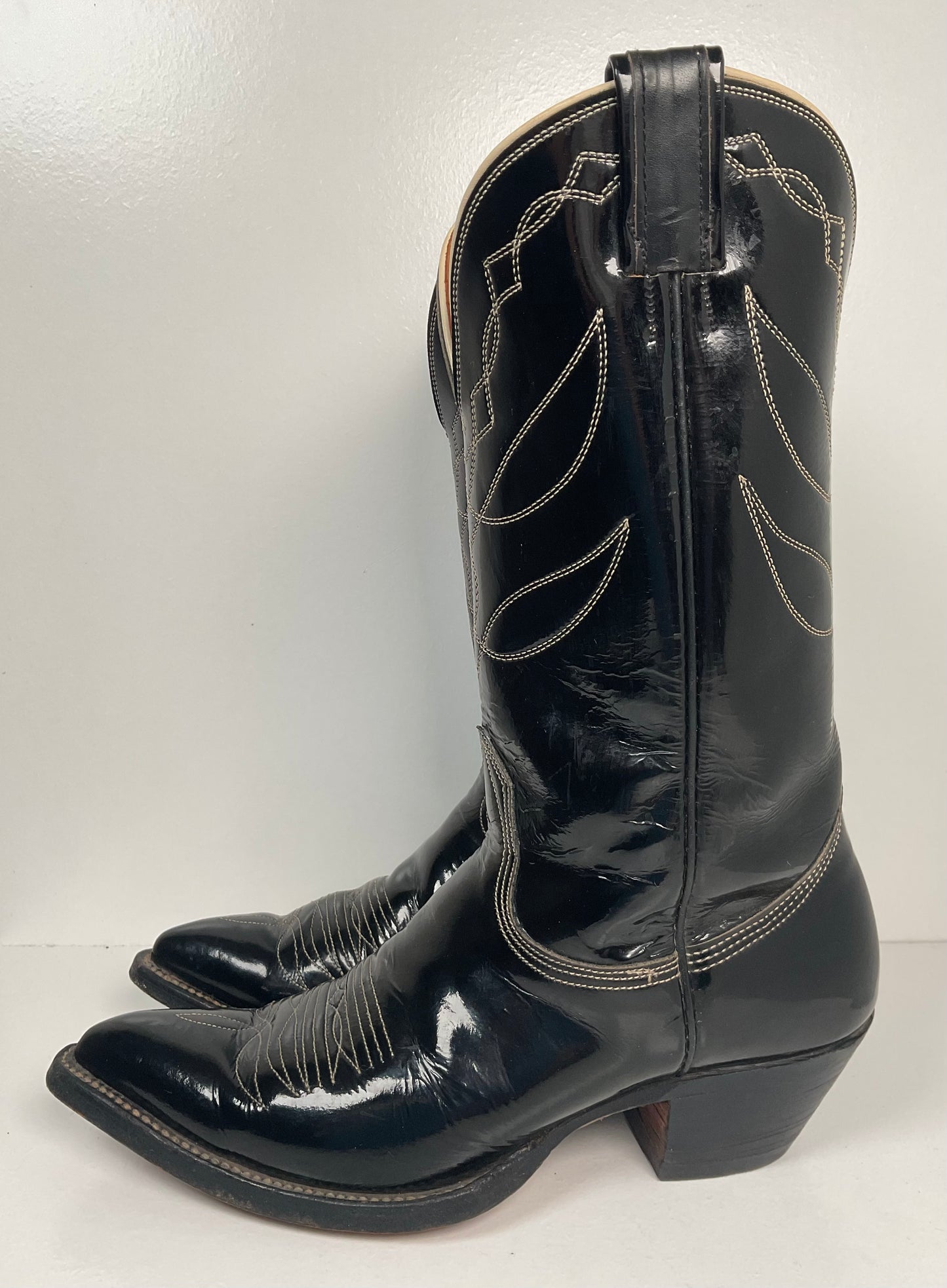 Vintage Nocona Patent Leather Cowboy Boots 9 D Glossy Old Black Label