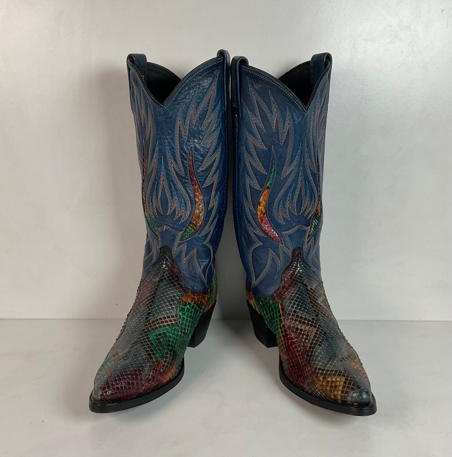 Vintage Dan Post Rainbow Python Cowgirl Boots 8 M Front Cut Tooled Inlay