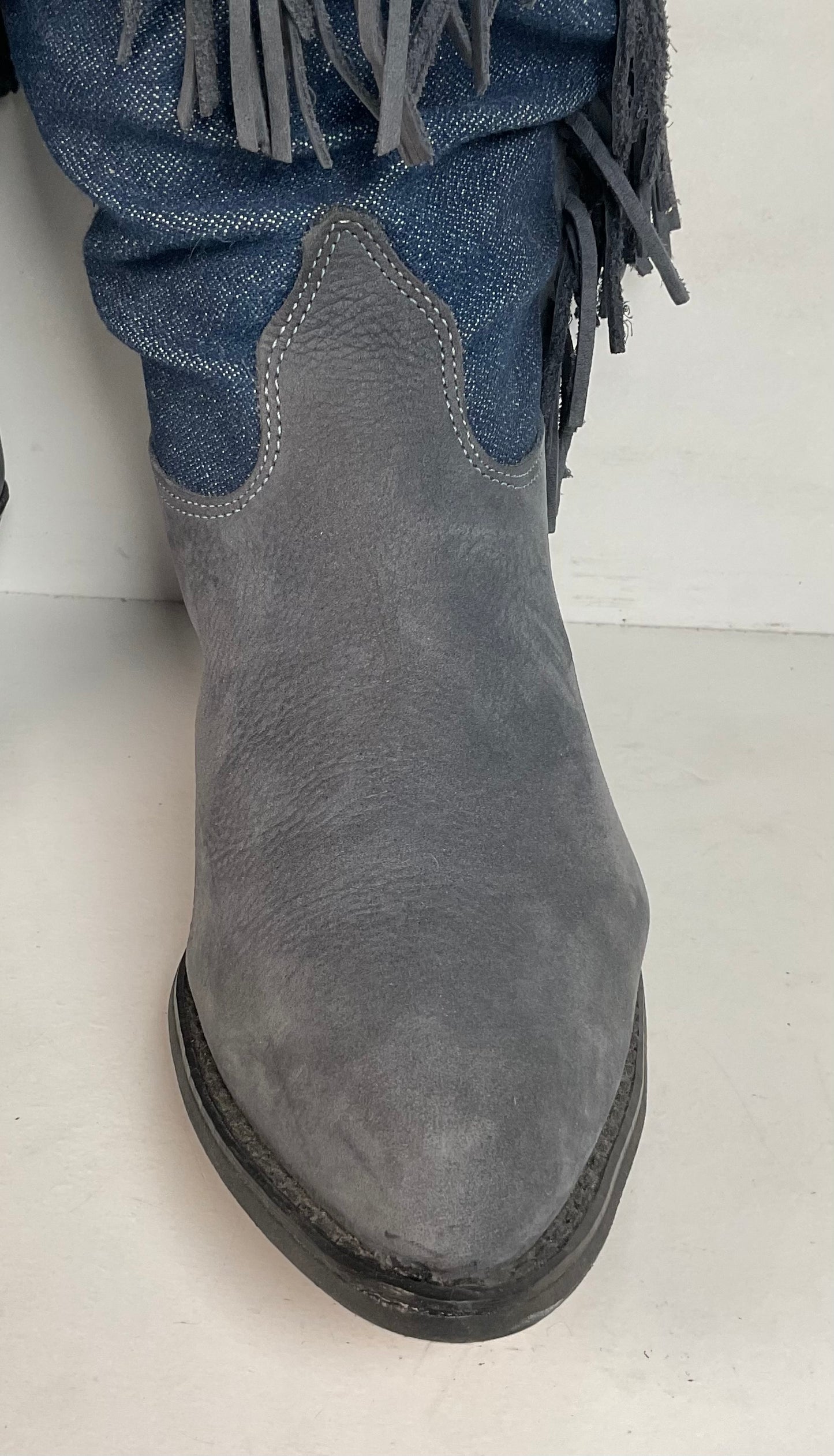 Vintage Wrangler Denim Fringe Cowgirl Boots 8.5 M USA Made Shorty