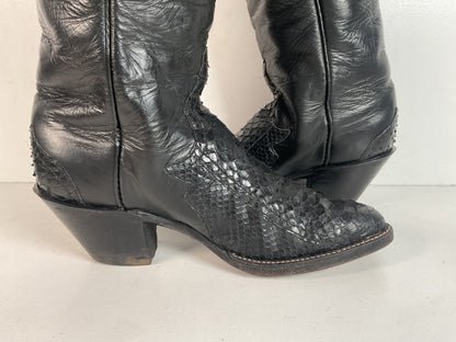 Vintage Larry Mahan Tall Black Cowgirl Boots | Python Snakeskin | 7 B