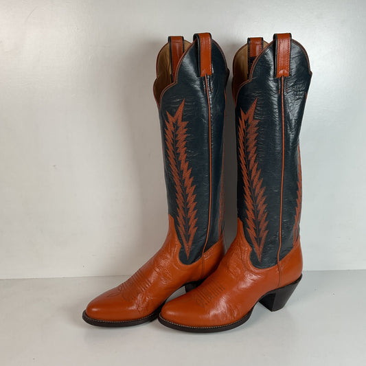 Vintage Panhandle Slim Tall Cowgirl Boots 6.5 C Pumpkin Orange Scallop Top