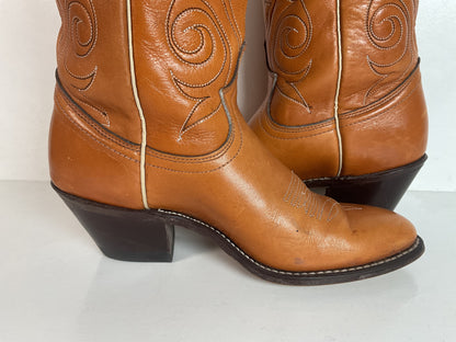 Vintage 1970s Acme Tooled Flower Inlay Cowgirl Boots 6.5 M USA Made