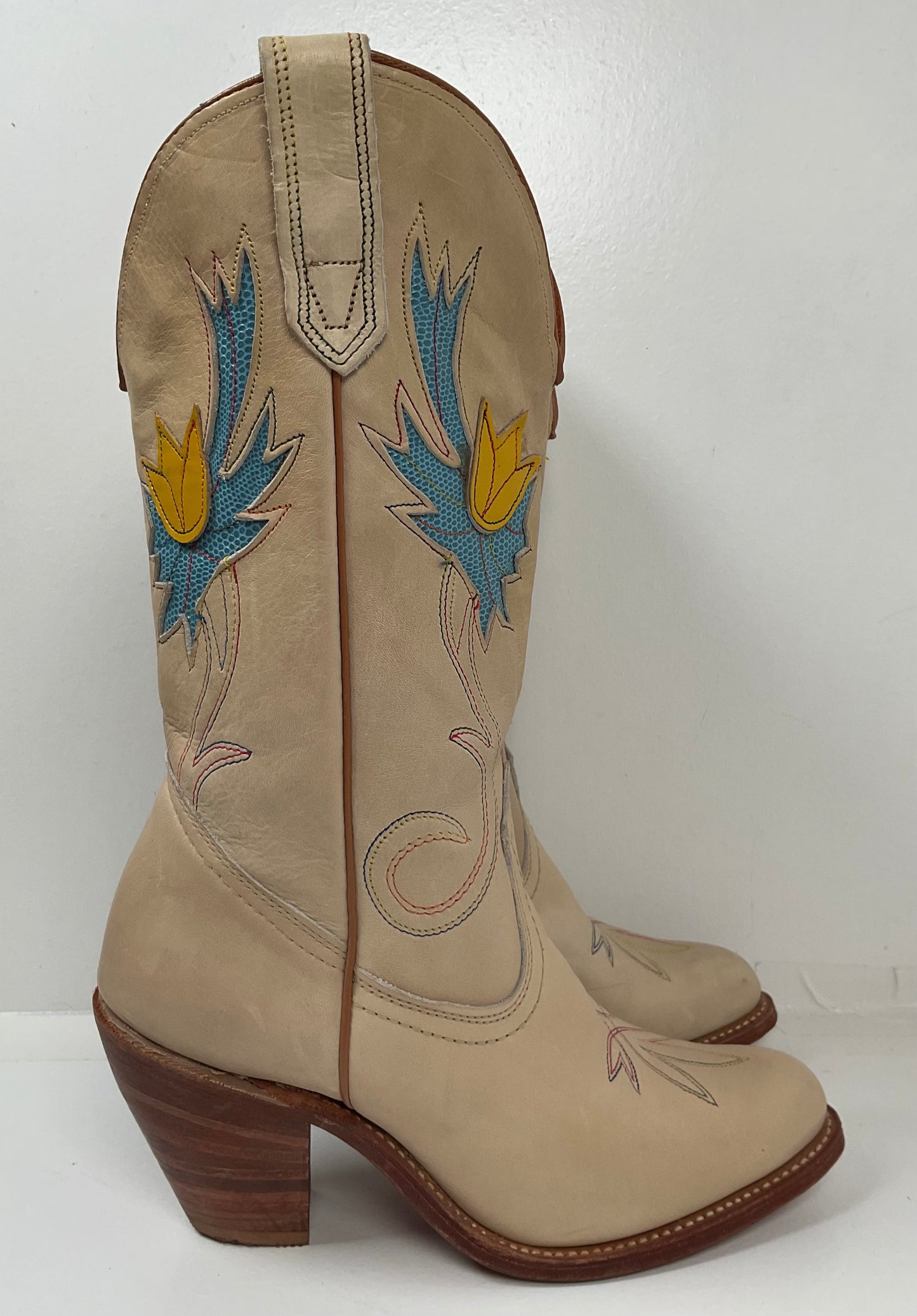 Vintage Miss Capezio Tulip Cowgirl Boots 7.5 M USA Made Rainbow Stitched