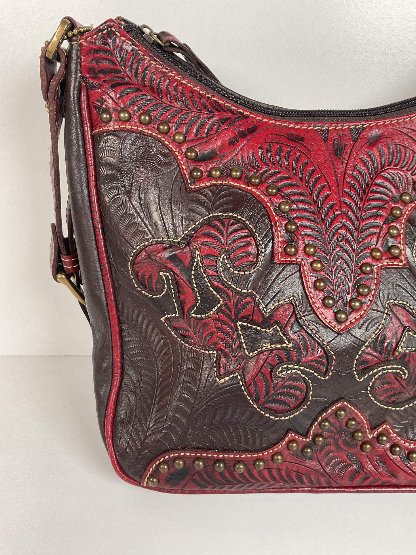 Tooled American West Purse Burgundy W/Bag Charm