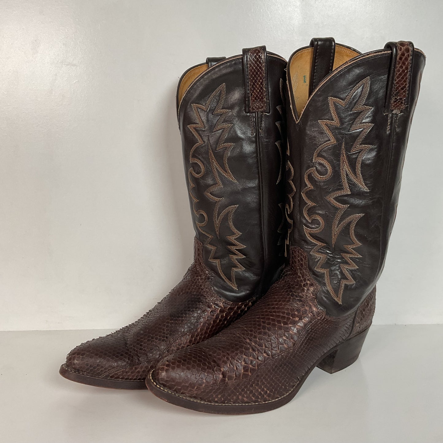 Vintage Dan Post Brown Front Cut Python Cowboy Boots 9.5 D Snakeskin USA Made
