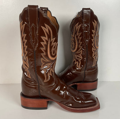 Lucchese 2000 Patent Leather Cowgirl Boots | Square Toe | Brown | USA Made | 6.5 C