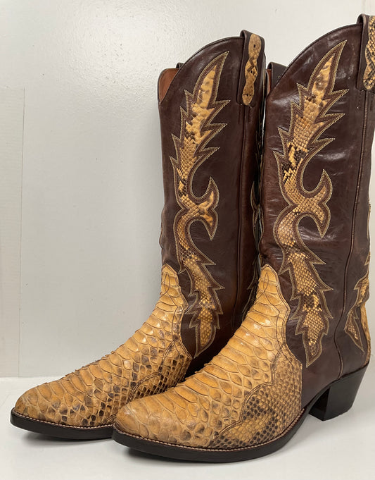 Vintage Dan Post Python Snakeskin Cowboy Boots 11 D Triad Inlay Spain