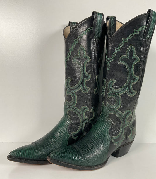 Vintage Larry Mahan Emerald Green Cowgirl Boots 7.5 B Lizard Vamp Triad