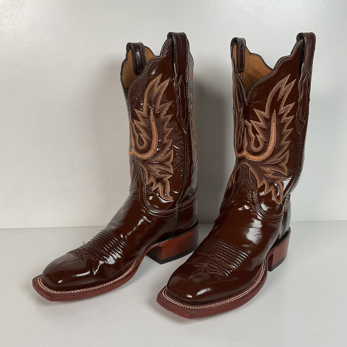 Lucchese 2000 Patent Leather Cowgirl Boots | Square Toe | Brown | USA Made | 6.5 C
