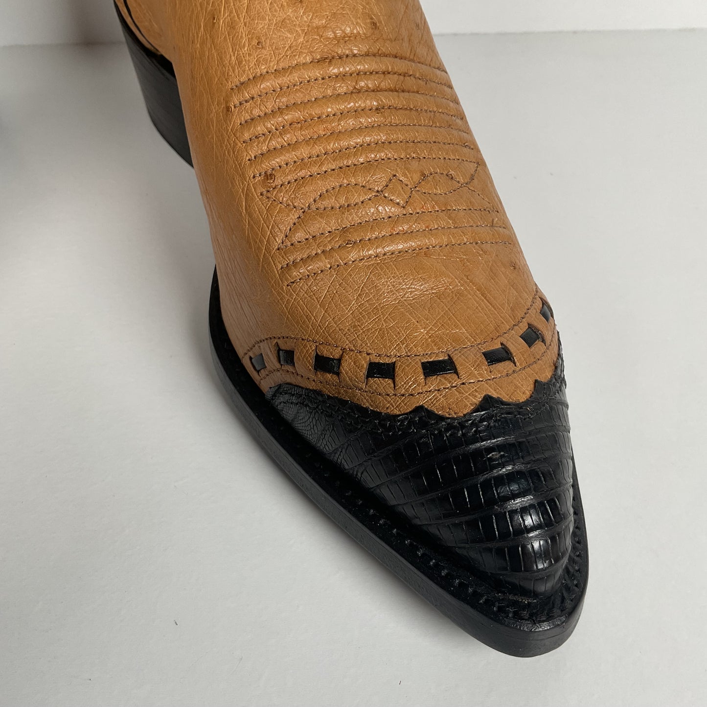Vintage J. Chisholm Smooth Ostrich Cowboy Boots | Teju Lizard Wingtip | 8.5 EE