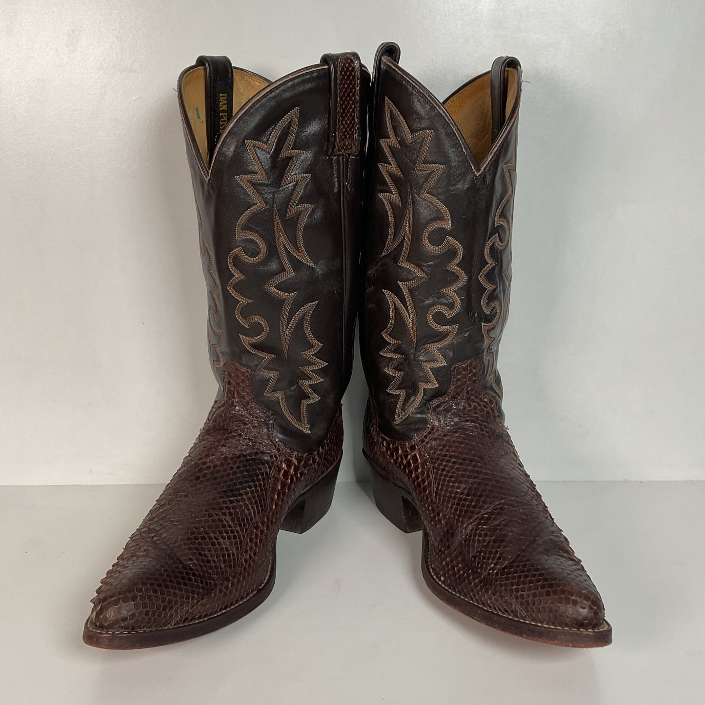 Vintage Dan Post Brown Front Cut Python Cowboy Boots 9.5 D Snakeskin USA Made