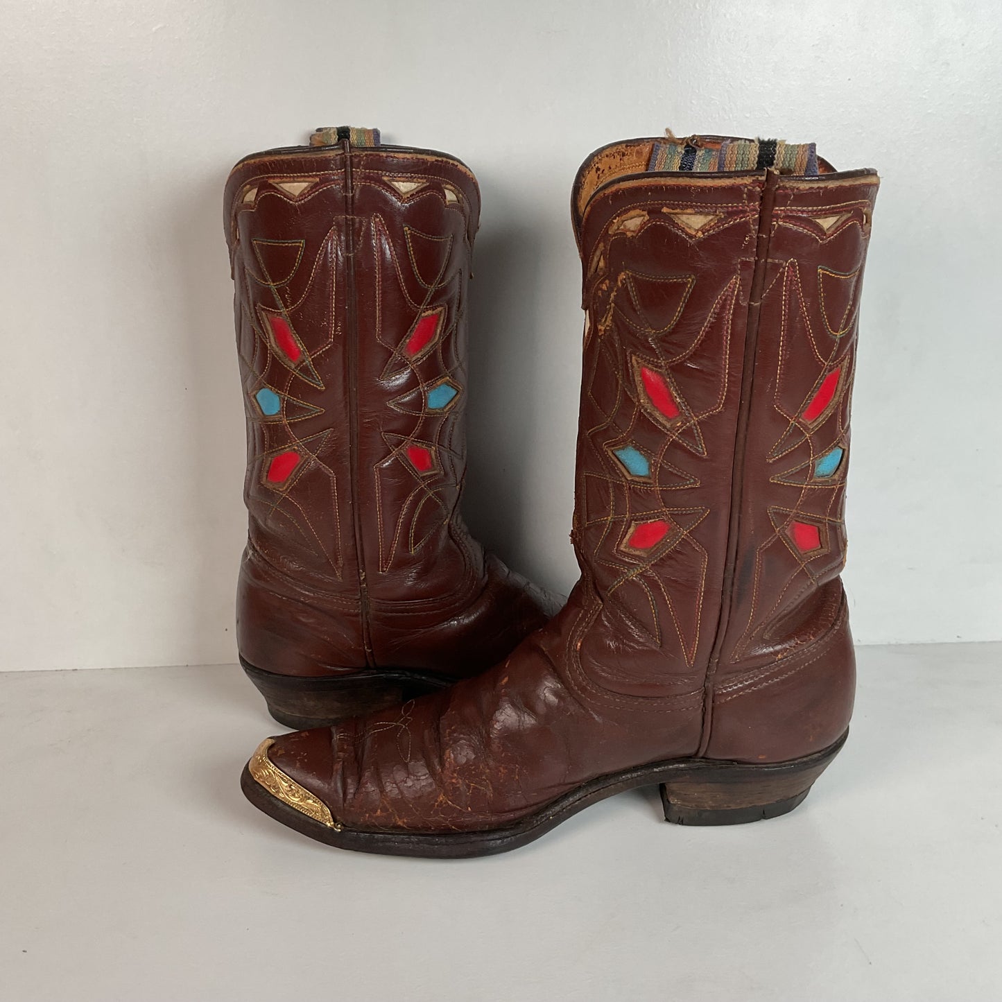 1940s Pee Wee Cowboy Boots Men’s 7 D Spiderweb Inlay Cloth Pull Thrashed