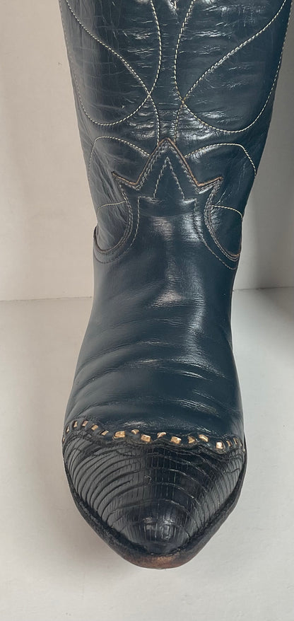 Vintage Tony Lama Navy Blue Cowgirl Boots 6 A Lizard Wingtip