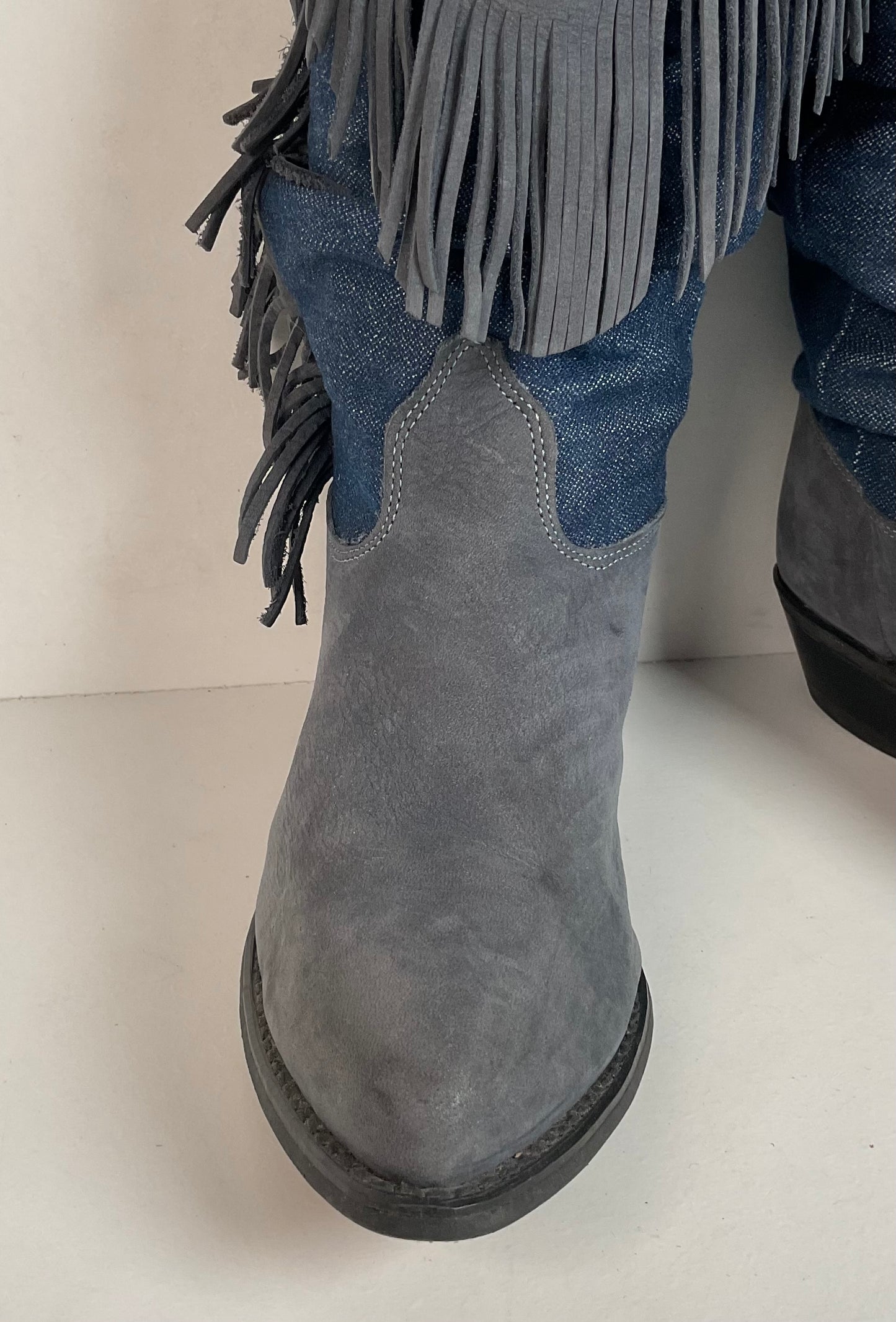 Vintage Wrangler Denim Fringe Cowgirl Boots 8.5 M USA Made Shorty