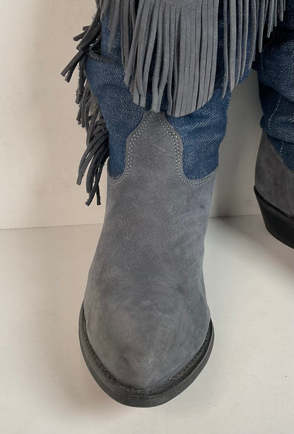 Vintage Wrangler Denim Fringe Cowgirl Boots 8.5 M USA Made Shorty
