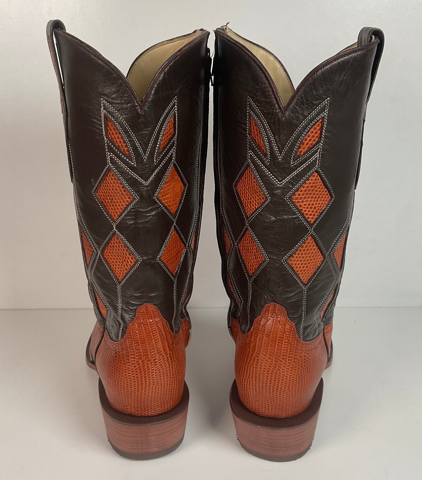 Serna Custom Cowboy Zipper Boots 10 Lizard Vamp, Tooled Inlay