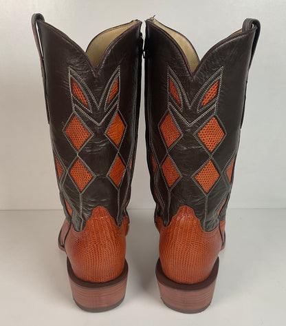 Serna Custom Cowboy Zipper Boots 10 Lizard Vamp, Tooled Inlay