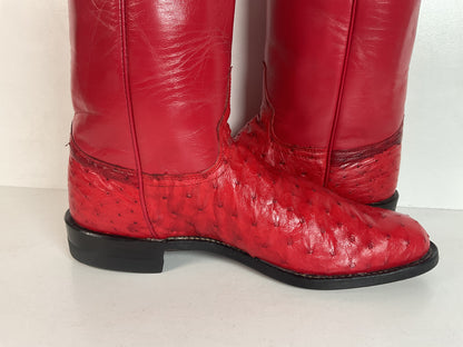 Justin Women’s Ostrich Quill Roper Boots 7 B USA Made Exotic Ruby Red