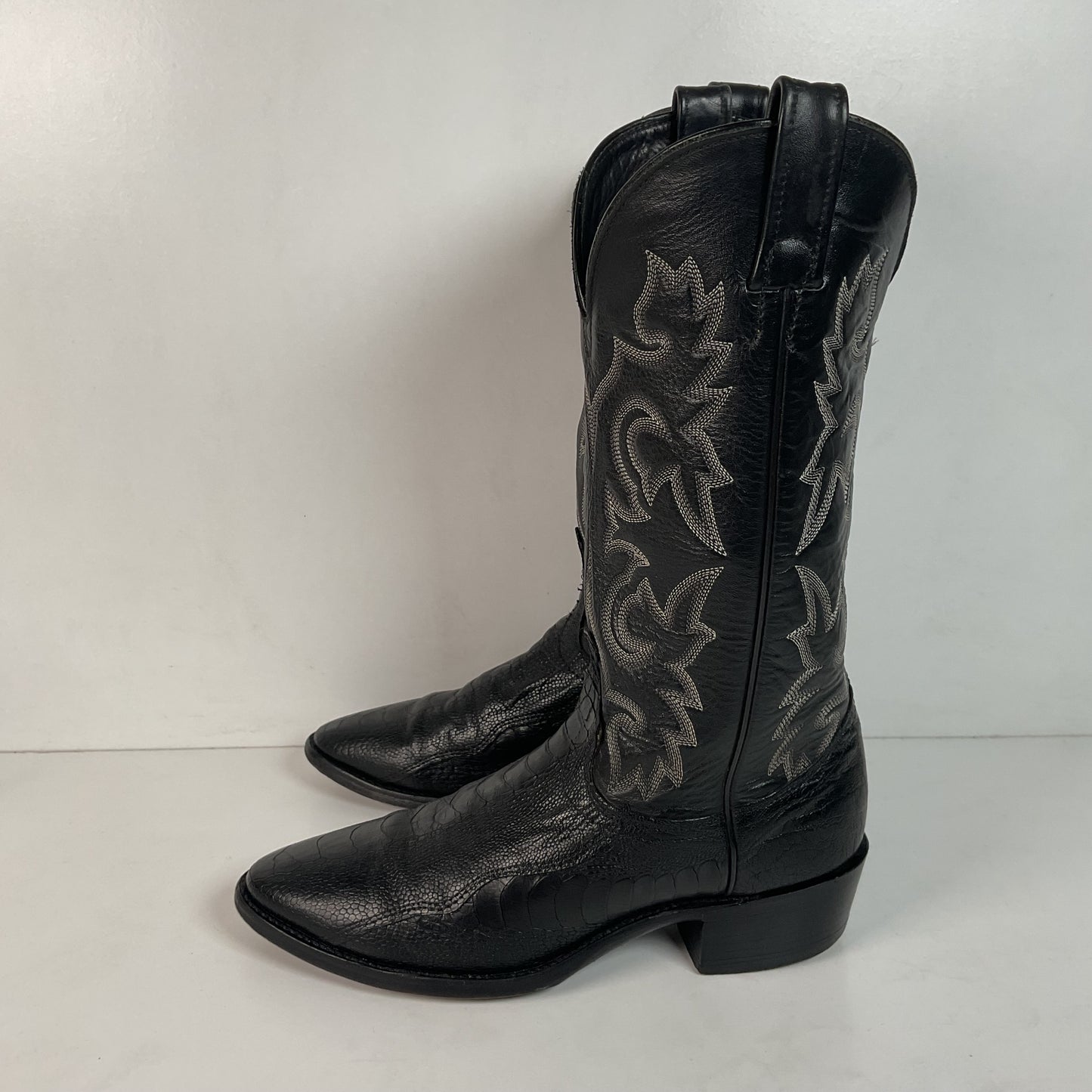 Vintage J Chisholm Exotic Ostrich Leg Cowboy Boots 9 D Classic Black USA Made