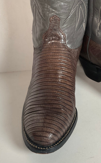 Vintage J Chisholm Grey Tall Cowgirl Boots 8 M Lizard Vamp USA Made