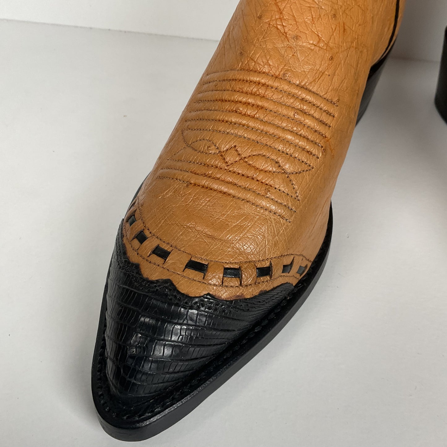 Vintage J. Chisholm Smooth Ostrich Cowboy Boots | Teju Lizard Wingtip | 8.5 EE
