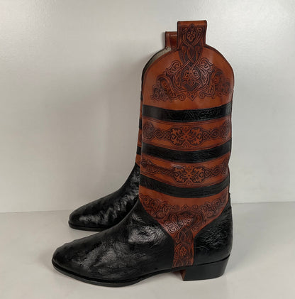 Vintage Lorenzo Banfi Ostrich Quill Bucket Boots | Tooled | Exotic | Men’s 9 M