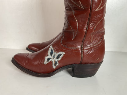 Vintage Justin 18” Butterfly Cowgirl Boots 5.5 C Snakeskin Inlay 70s