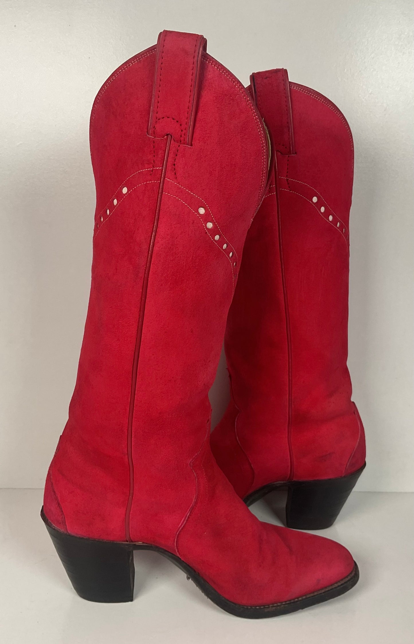 Vintage 70s Justin Red Suede Cowgirl Boots 6 B USA Made Rough Out