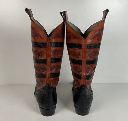 Vintage Lorenzo Banfi Ostrich Quill Bucket Boots | Tooled | Exotic | Men’s 9 M