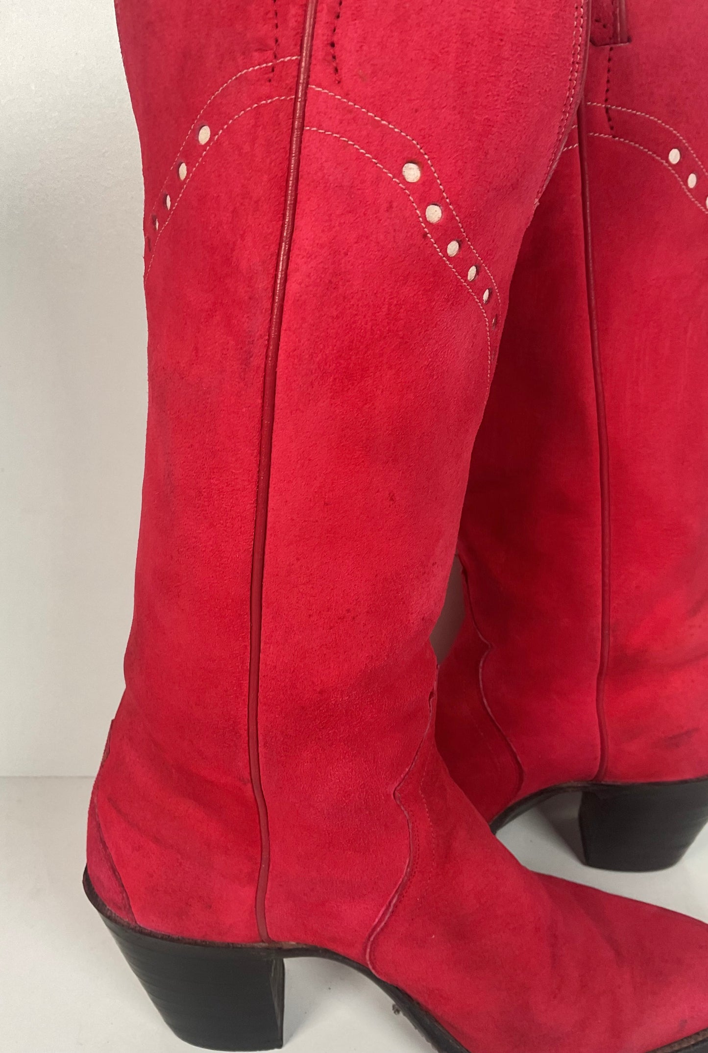 Vintage 70s Justin Red Suede Cowgirl Boots 6 B USA Made Rough Out