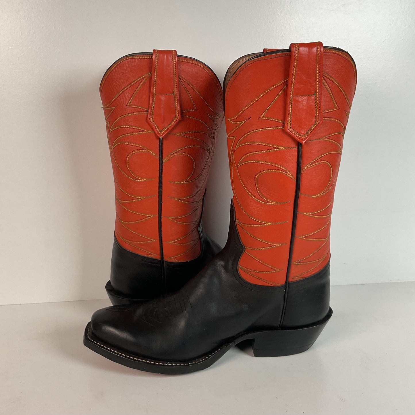 Custom Square Toe Cowboy Boots | Orange Shaft | Black Calf Vamp | Men’s 11 Wide
