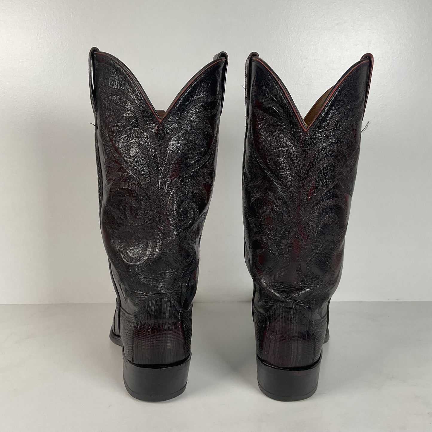 Vintage Dan Post Teju Lizard Cowboy Boots | USA Made | Black Cherry | Men’s 9 D