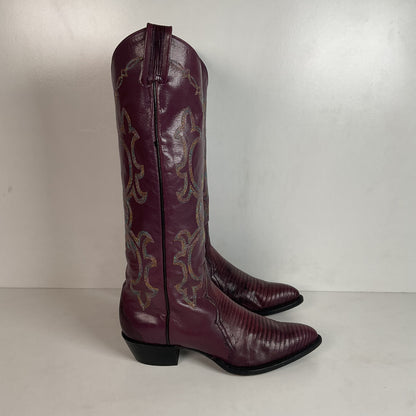 Vintage Larry Mahan Tall Purple Cowgirl Boots 8.5 B USA Made Lizard Teju