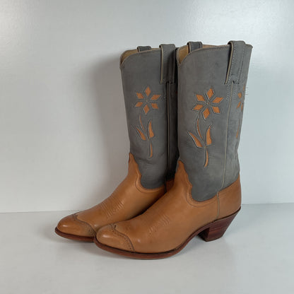 Vintage Justin Women’s Flower Cowgirl Boots | Tooled Inlay | USA Made | 8 B