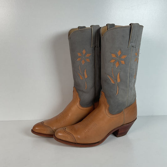 Vintage Justin Women’s Flower Cowgirl Boots | Tooled Inlay | USA Made | 8 B