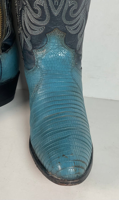 Vintage Justin Turquoise Cowgirl Boots 5 B Zipper Teju Lizard Vamp