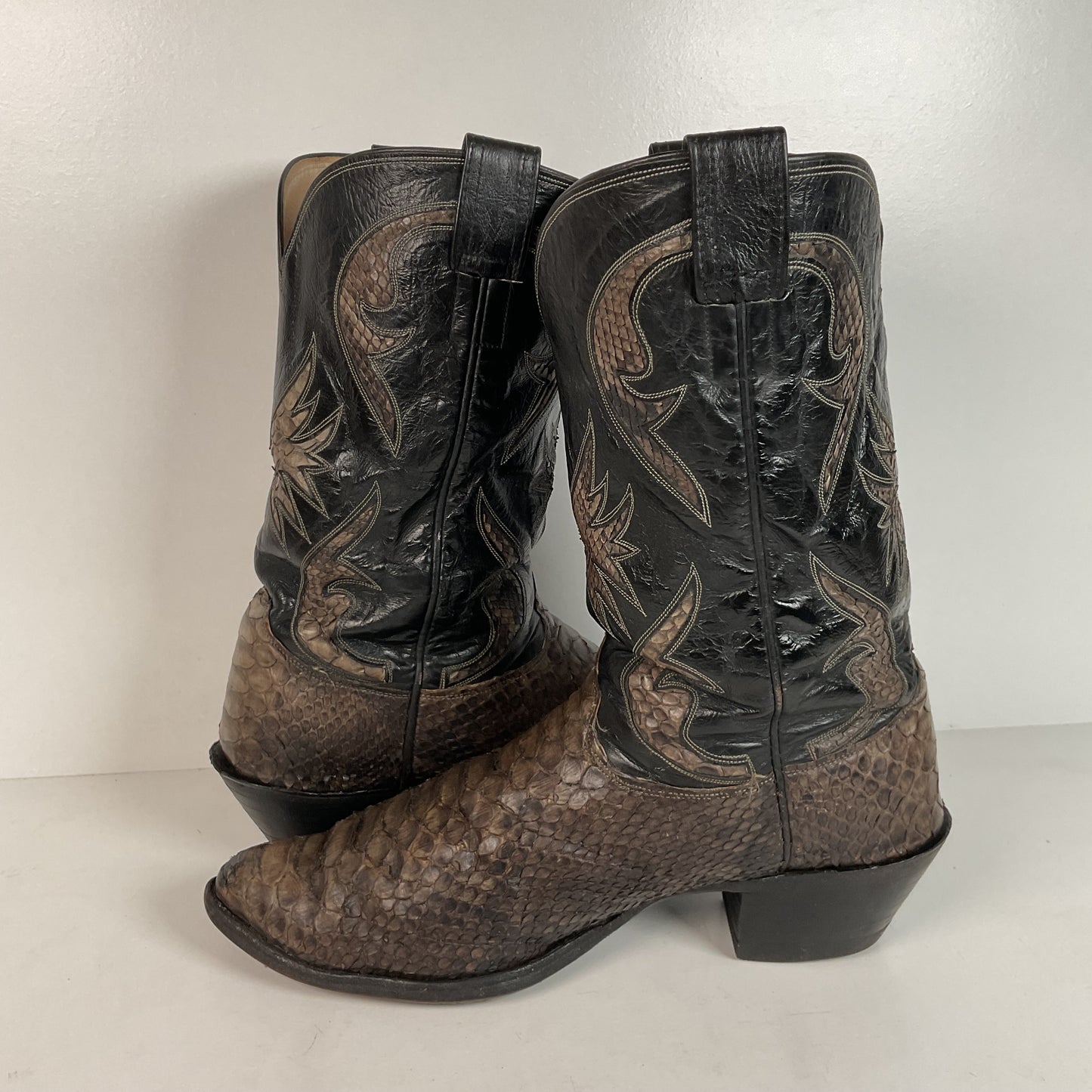 Vintage Olathe Python Snakeskin Cowboy Boots | Distressed | Tooled Inlay | 13 EE