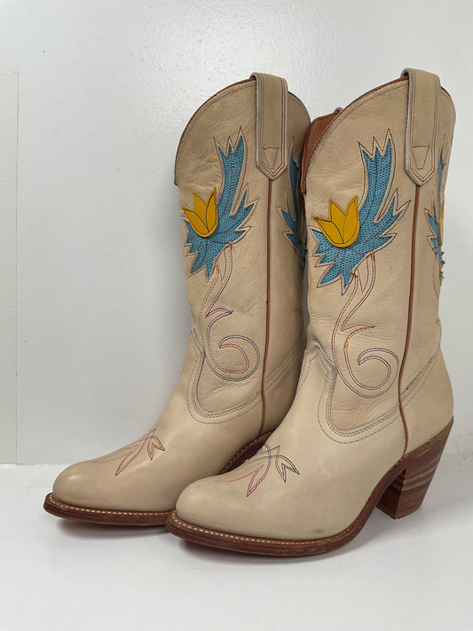 Vintage Miss Capezio Tulip Cowgirl Boots 7.5 M USA Made Rainbow Stitched