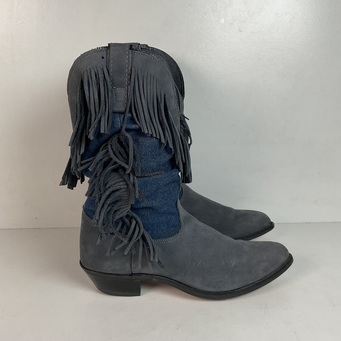 Vintage Wrangler Denim Fringe Cowgirl Boots 8.5 M USA Made Shorty
