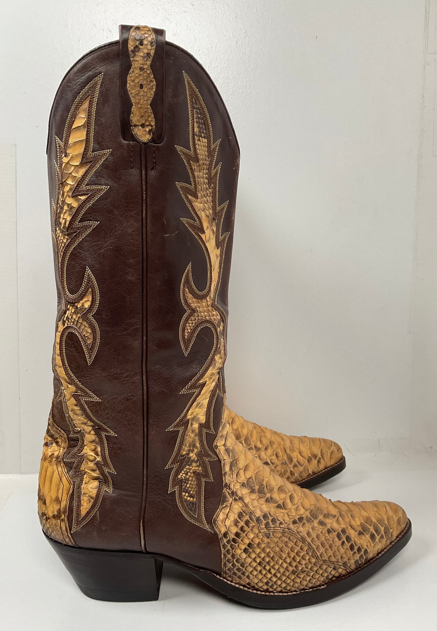 Vintage Dan Post Python Snakeskin Cowboy Boots 11 D Triad Inlay Spain