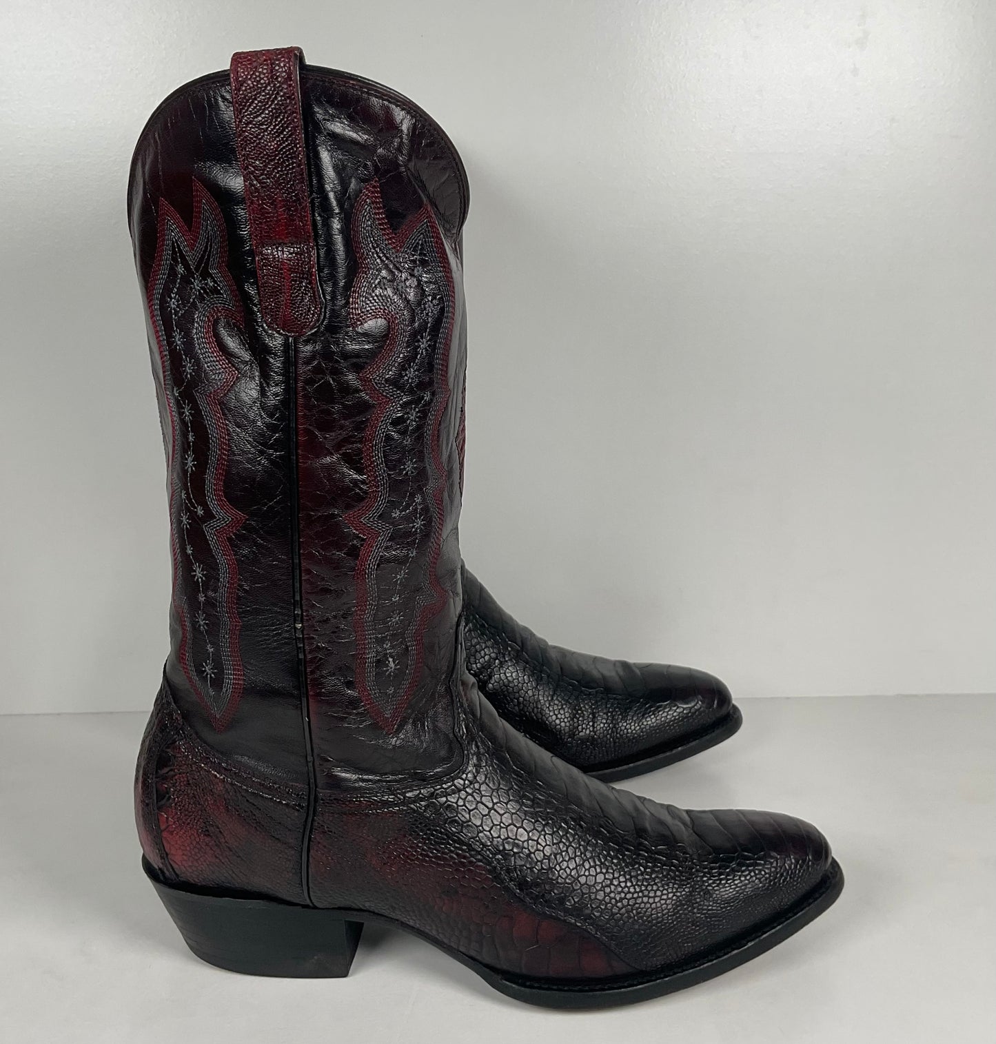 Vintage Longhorn Ostrich Leg Cowboy Boots | Exotic | Black Cherry | Men’s 13 D