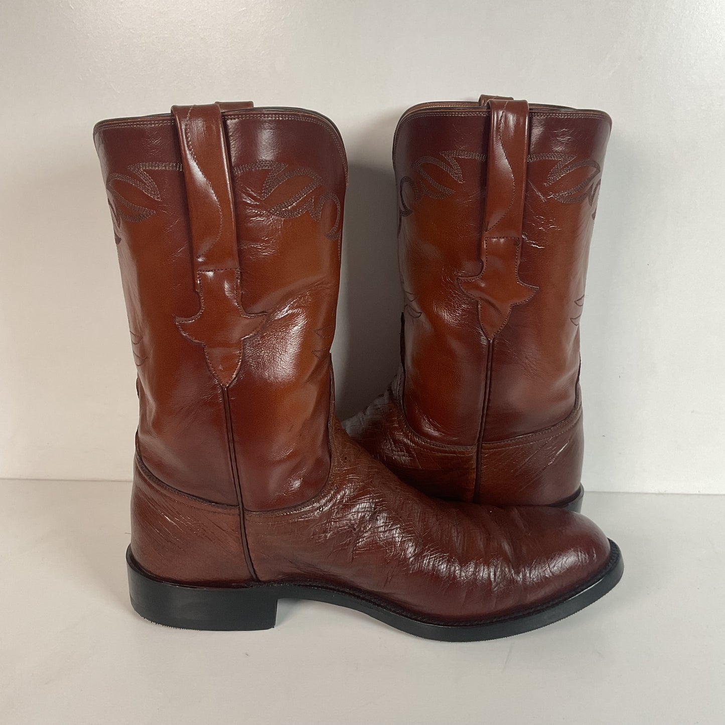 Vintage Lucchese Handmade Smooth Cigar Ostrich Roper Boots 10 D Exotic Cowboy