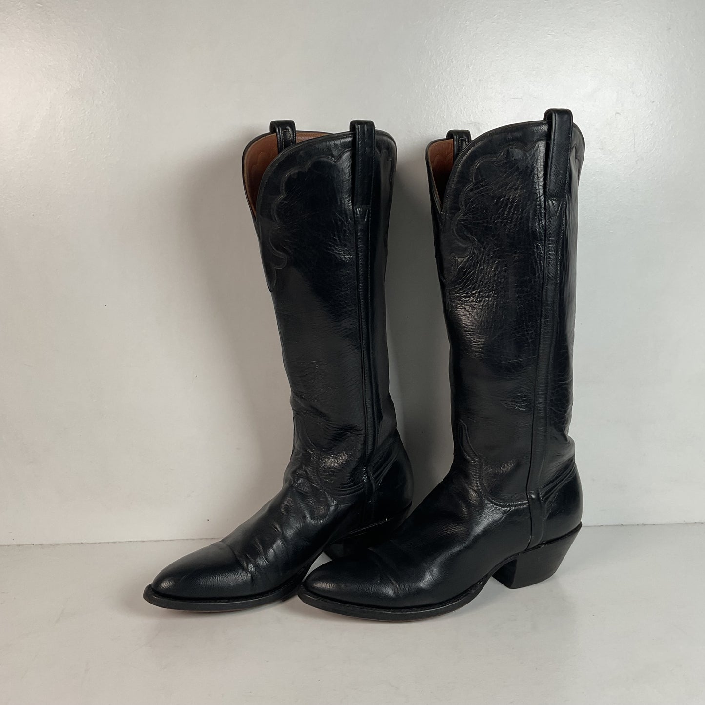 Vintage Lucchese Tall Cowgirl Boots 7 B USA Made Black Calf Skin