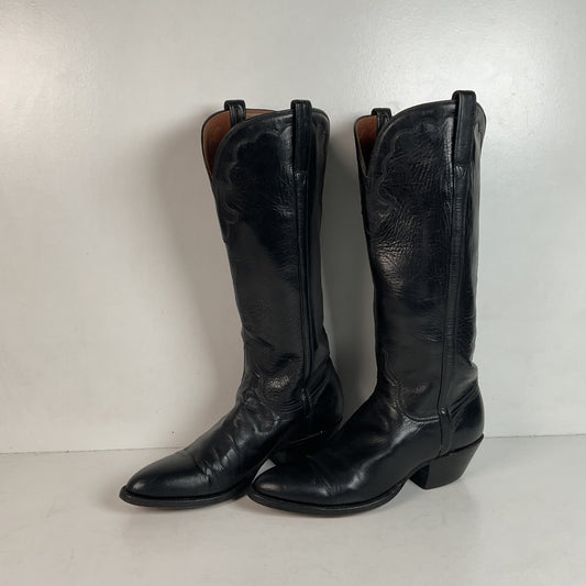 Vintage Lucchese Tall Cowgirl Boots 7 B USA Made Black Calf Skin