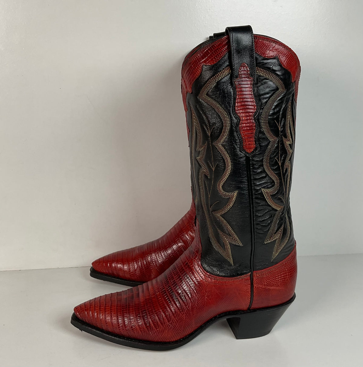 Vintage Dan Post Teju Lizard Cowgirl Boots | Tooled Overlays | Women’s 7.5