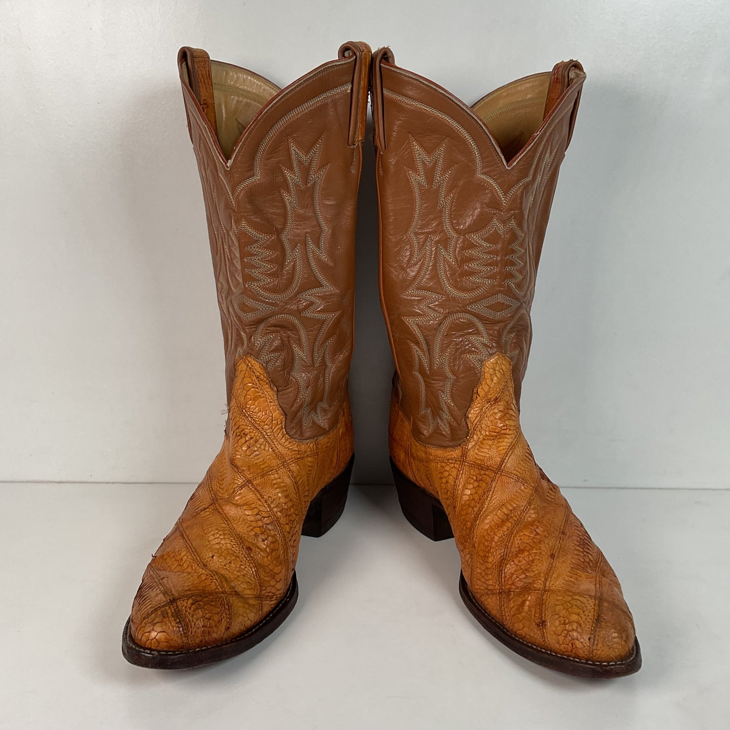 Tony Lama Ostrich Leg Patchwork Cowboy Boots 10 D Gold Label Thrashed