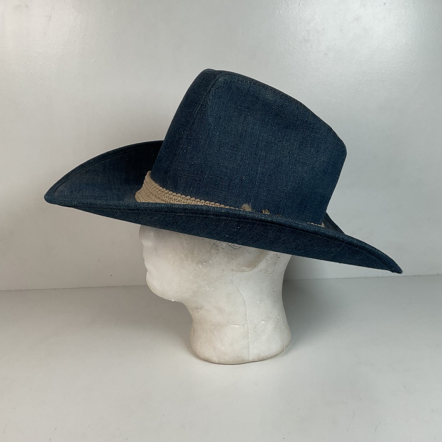 Vintage Blue Denim Cowboy Hat Large USA Union Made Brass Horse Accent