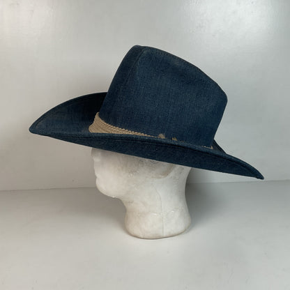 Vintage Blue Denim Cowboy Hat Large USA Union Made Brass Horse Accent