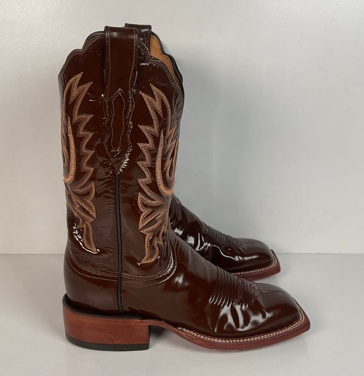 Lucchese 2000 Patent Leather Cowgirl Boots | Square Toe | Brown | USA Made | 6.5 C