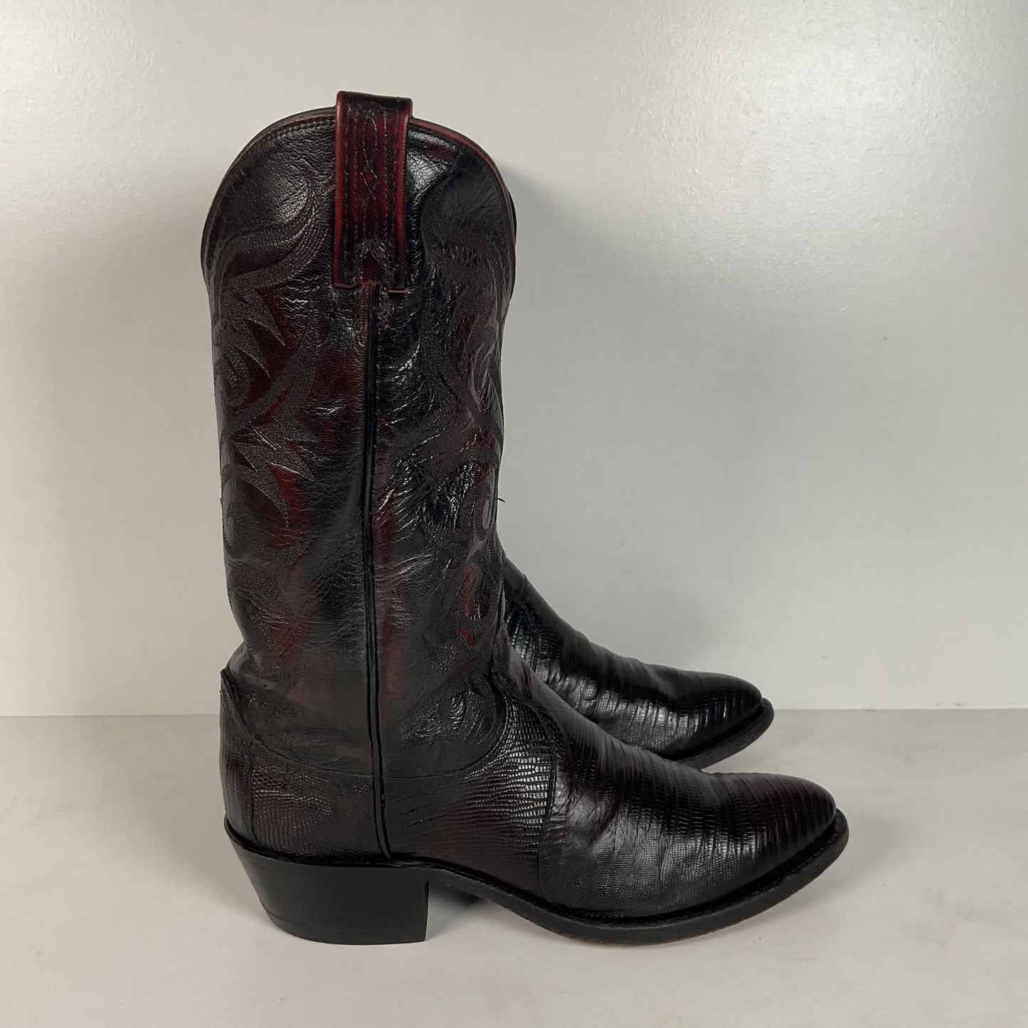 Vintage Dan Post Teju Lizard Cowboy Boots | USA Made | Black Cherry | Men’s 9 D